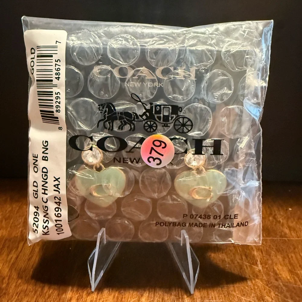 NEW Coach Faux Stone Enamel Signature Heart Drop Mint Green Earrings - Picture 3 of 3